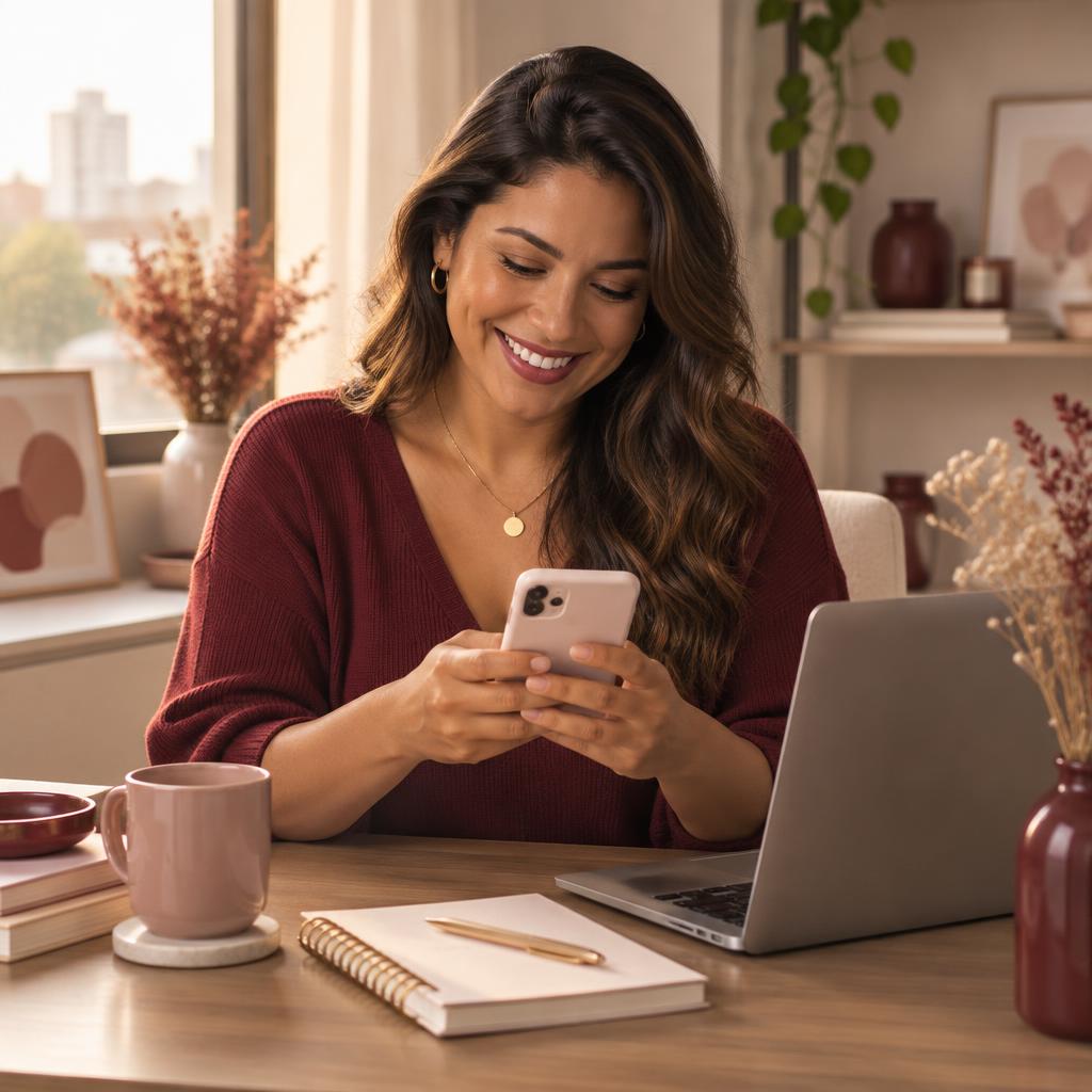 Mulher sorrindo olhando o celular na mesa de trabalho